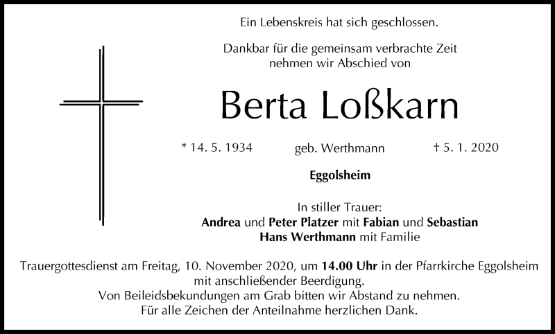  Traueranzeige für Berta Loßkarn vom 08.01.2020 aus MGO