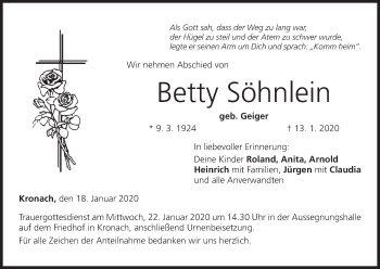 Anzeige von Betty Söhnlein von MGO