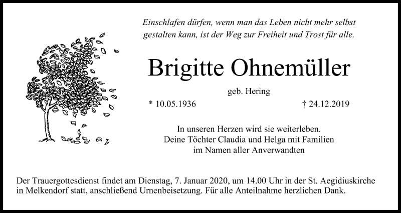  Traueranzeige für Brigitte Ohnemüller vom 04.01.2020 aus MGO