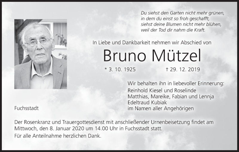  Traueranzeige für Bruno Mützel vom 04.01.2020 aus MGO