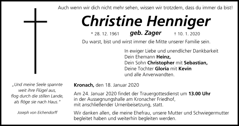  Traueranzeige für Christine Henniger vom 18.01.2020 aus MGO
