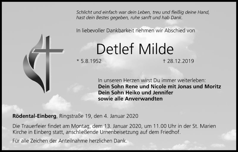  Traueranzeige für Detlef Milde vom 04.01.2020 aus MGO