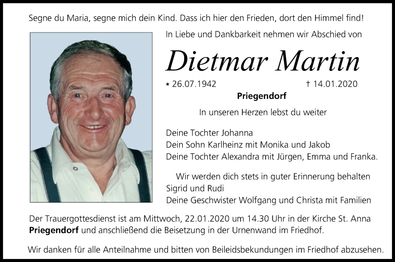  Traueranzeige für Dietmar Martin vom 18.01.2020 aus MGO