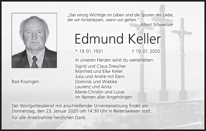  Traueranzeige für Edmund Keller vom 18.01.2020 aus MGO