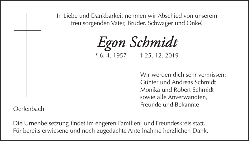  Traueranzeige für Egon Schmidt vom 16.01.2020 aus MGO