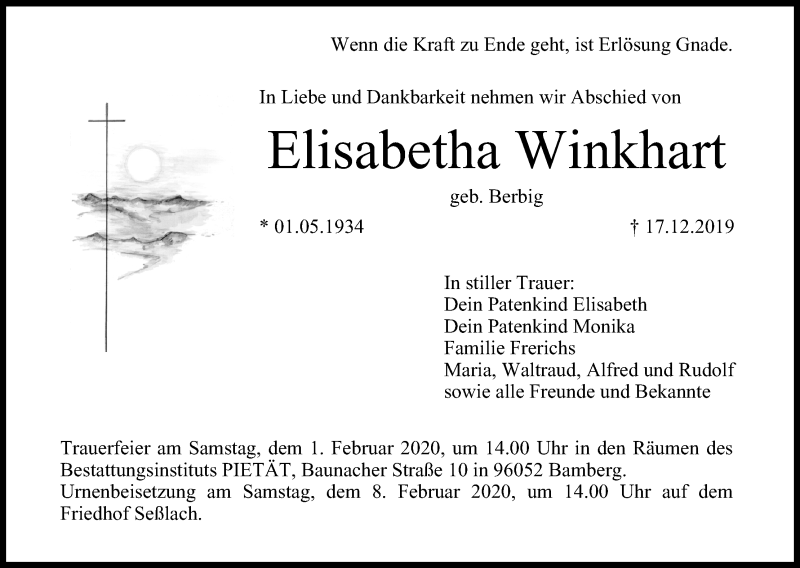  Traueranzeige für Elisabetha Winkhart vom 29.01.2020 aus MGO