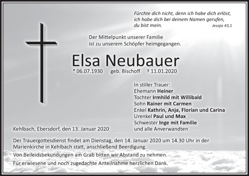  Traueranzeige für Elsa Neubauer vom 13.01.2020 aus MGO