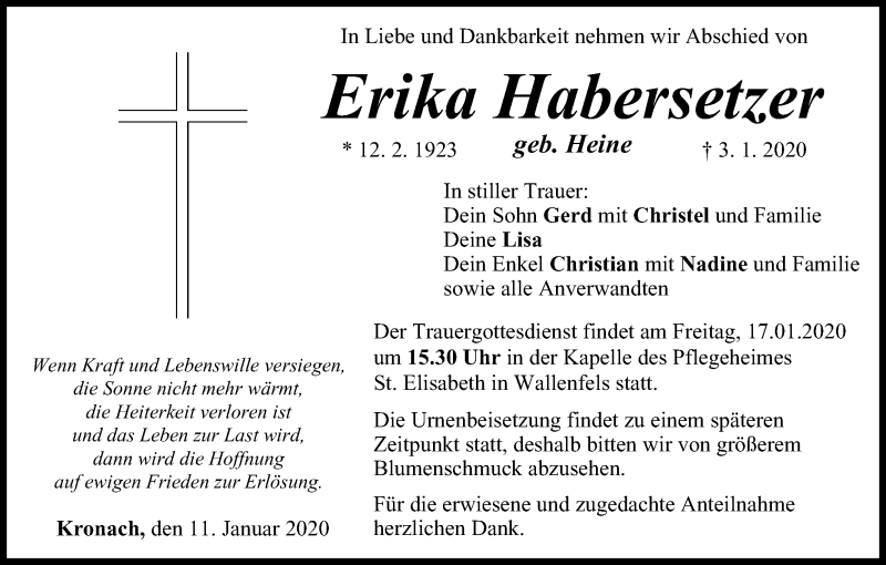  Traueranzeige für Erika Habersetzer vom 11.01.2020 aus MGO
