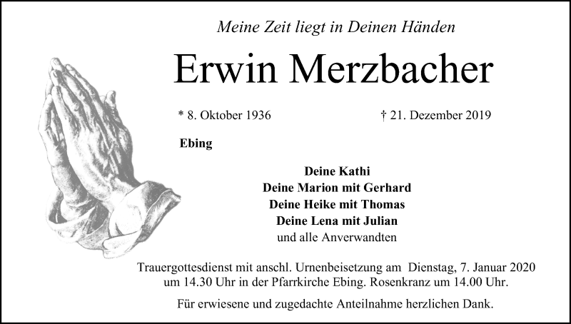  Traueranzeige für Erwin Merzbacher vom 03.01.2020 aus MGO