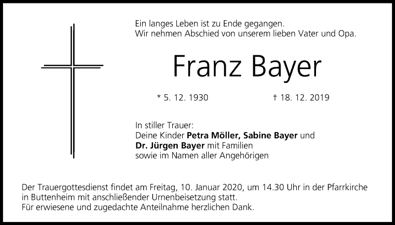 Traueranzeige für Franz Bayer vom 04.01.2020 aus MGO