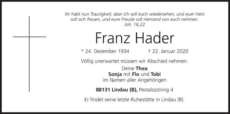  Traueranzeige für Franz Hader vom 25.01.2020 aus MGO