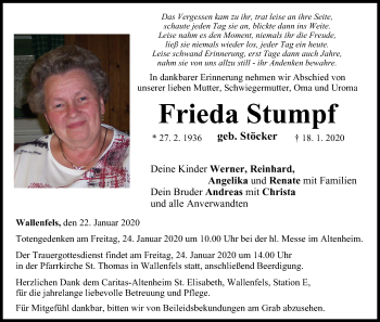 Anzeige von Frieda Stumpf von MGO