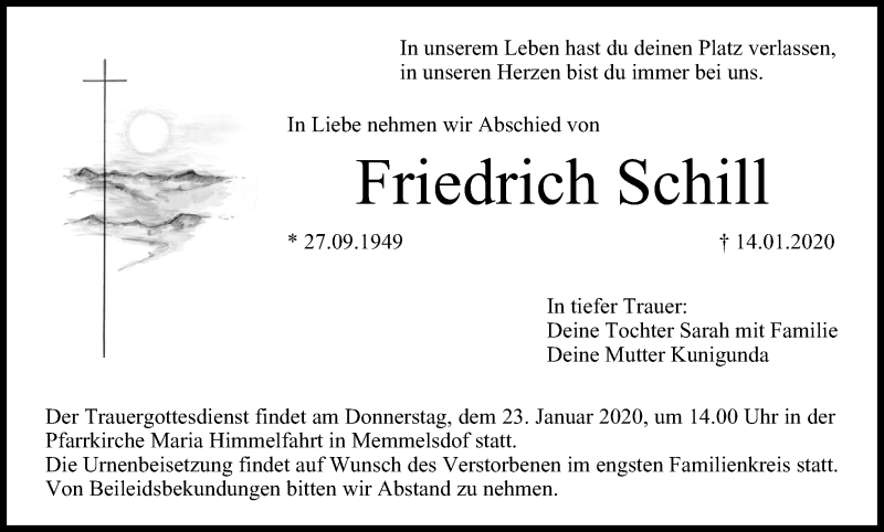  Traueranzeige für Friedrich Schill vom 18.01.2020 aus MGO