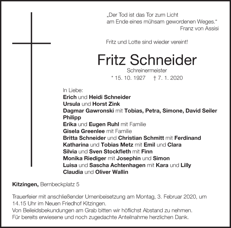  Traueranzeige für Fritz Schneider vom 25.01.2020 aus MGO