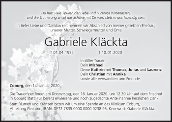 Anzeige von Gabriele Kläckta von MGO