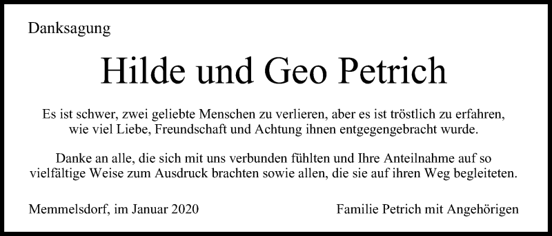  Traueranzeige für Geo Petrich vom 25.01.2020 aus MGO