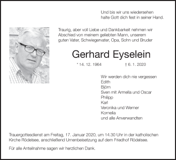 Anzeige von Gerhard Eyselein von MGO