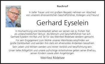 Anzeige von Gerhard Eyselein von MGO