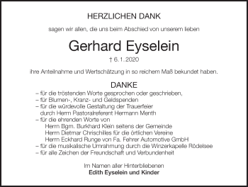 Anzeige von Gerhard Eyselein von MGO