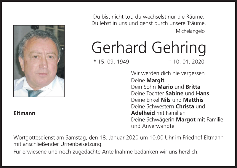  Traueranzeige für Gerhard Gehring vom 17.01.2020 aus MGO