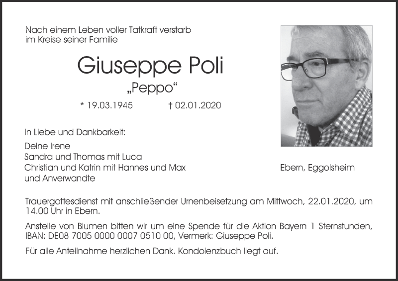  Traueranzeige für Giuseppe Poli vom 18.01.2020 aus MGO
