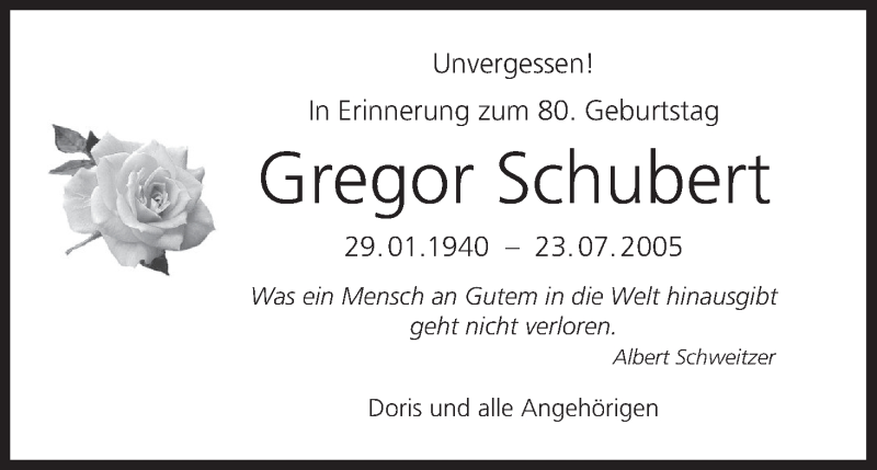  Traueranzeige für Gregor Schubert vom 29.01.2020 aus MGO