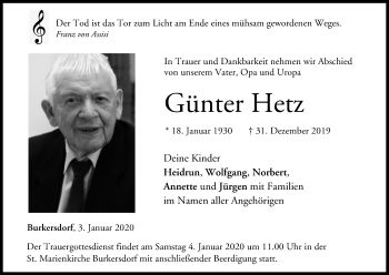 Anzeige von Günter Hetz von MGO