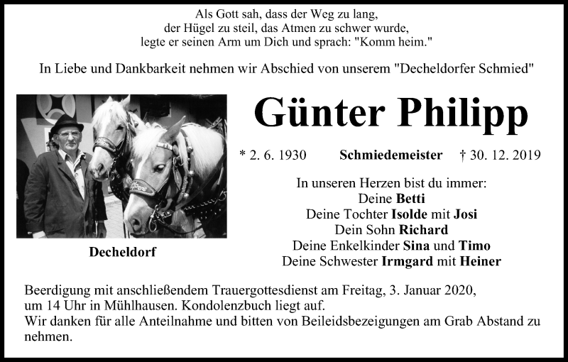  Traueranzeige für Günter Philipp vom 02.01.2020 aus MGO
