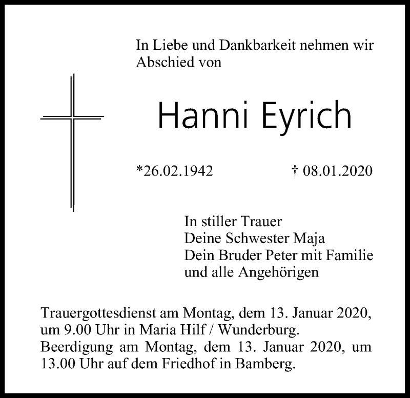  Traueranzeige für HAnni Eyrich vom 11.01.2020 aus MGO