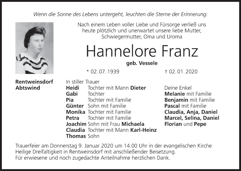  Traueranzeige für Hannelore Franz vom 08.01.2020 aus MGO