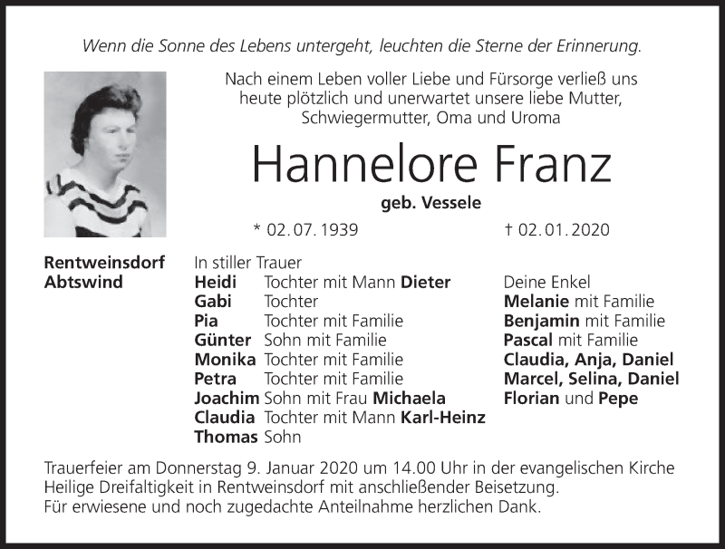  Traueranzeige für Hannelore Franz vom 08.01.2020 aus MGO