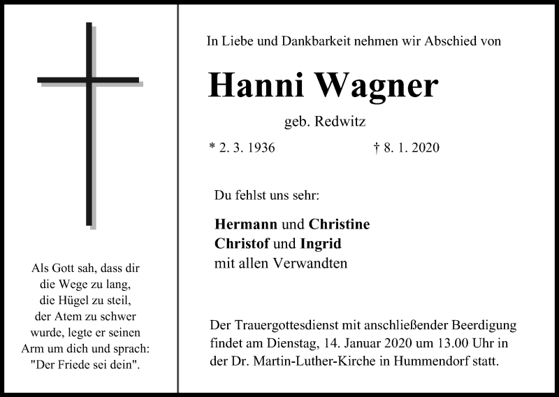  Traueranzeige für Hanni Wagner vom 10.01.2020 aus MGO