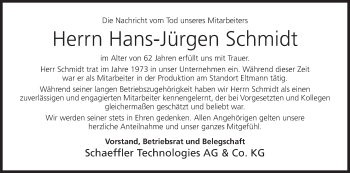 Anzeige von Hans-Jürgen Schmidt von MGO