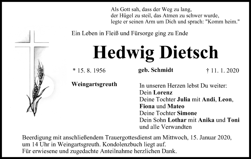  Traueranzeige für Hedwig Dietsch vom 14.01.2020 aus MGO