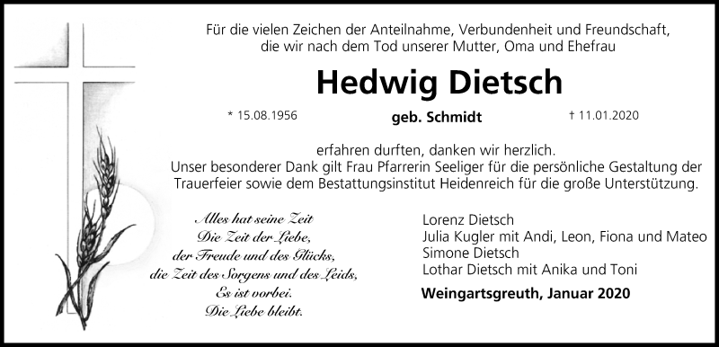  Traueranzeige für Hedwig Dietsch vom 25.01.2020 aus MGO