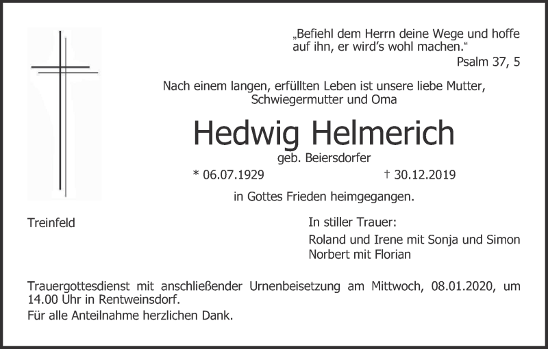  Traueranzeige für Hedwig Helmerich vom 04.01.2020 aus MGO