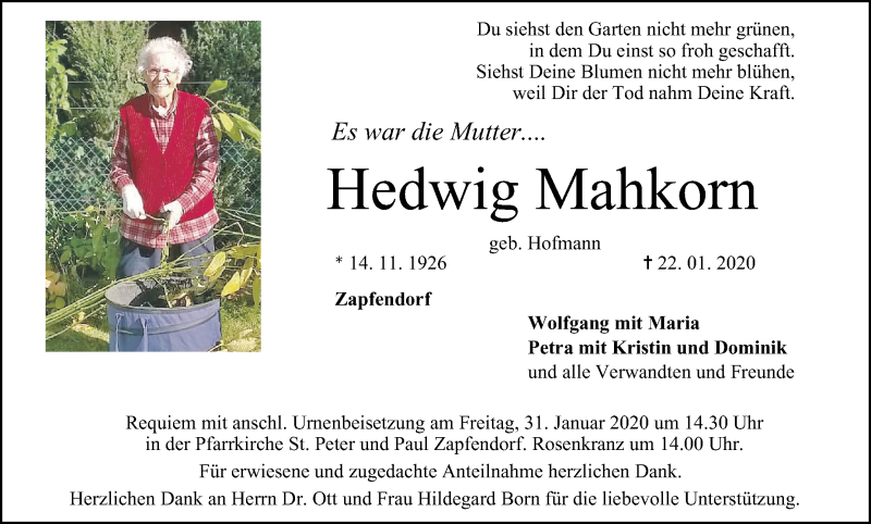  Traueranzeige für Hedwig Mahkorn vom 28.01.2020 aus MGO