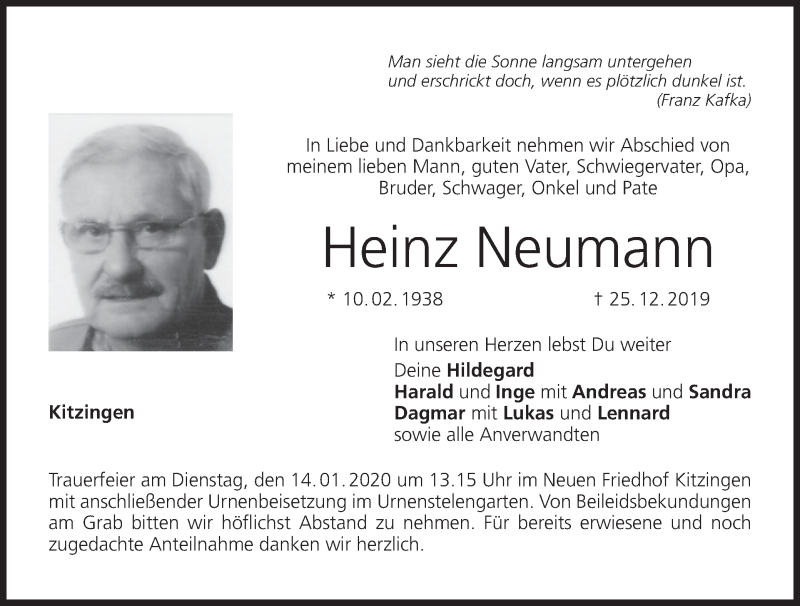  Traueranzeige für Heinz Neumann vom 09.01.2020 aus MGO