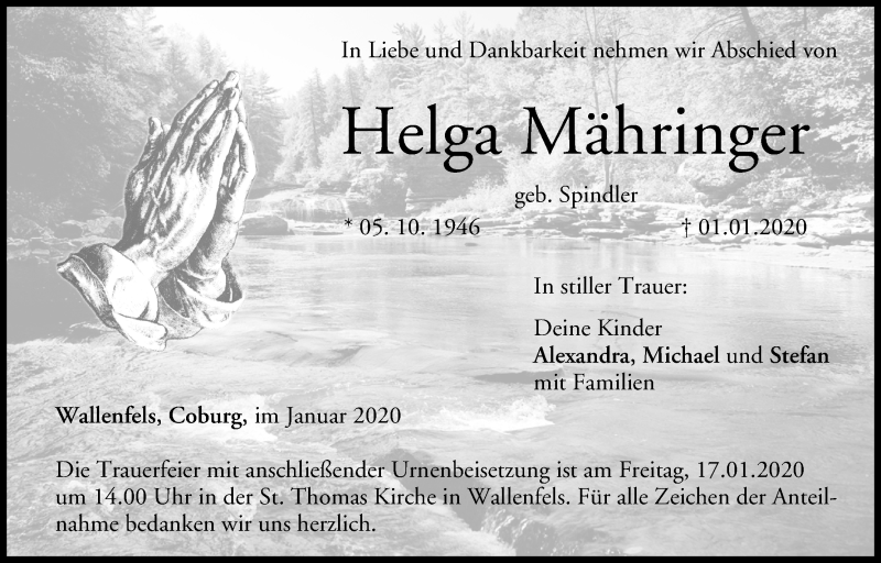  Traueranzeige für Helga Mähringer vom 15.01.2020 aus MGO