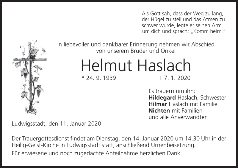  Traueranzeige für Helmut Haslach vom 11.01.2020 aus MGO