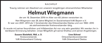 Anzeige von Helmut Wiegmann von MGO