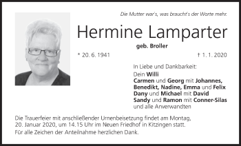 Anzeige von Hermine Lamparter von MGO