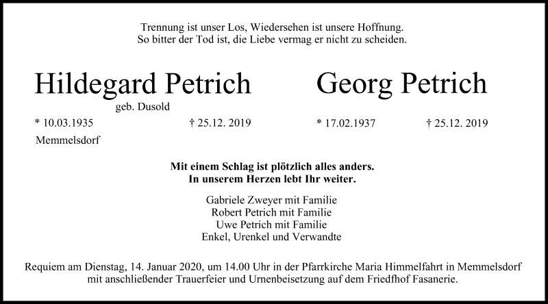  Traueranzeige für Hildegard Petrich vom 11.01.2020 aus MGO