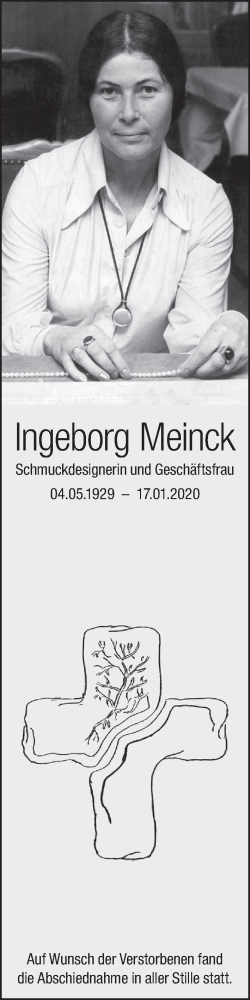  Traueranzeige für Ingeborg Meinck vom 25.01.2020 aus MGO