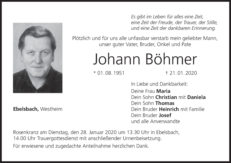  Traueranzeige für Johann Böhmer vom 24.01.2020 aus MGO