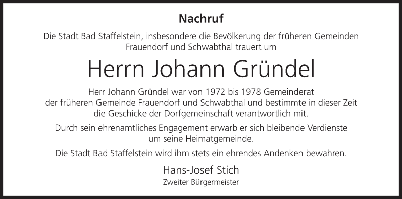  Traueranzeige für Johann Gründel vom 14.01.2020 aus MGO
