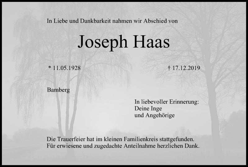  Traueranzeige für Joseph Haas vom 11.01.2020 aus MGO