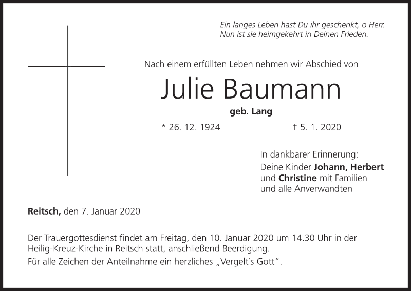  Traueranzeige für Julie Baumann vom 07.01.2020 aus MGO