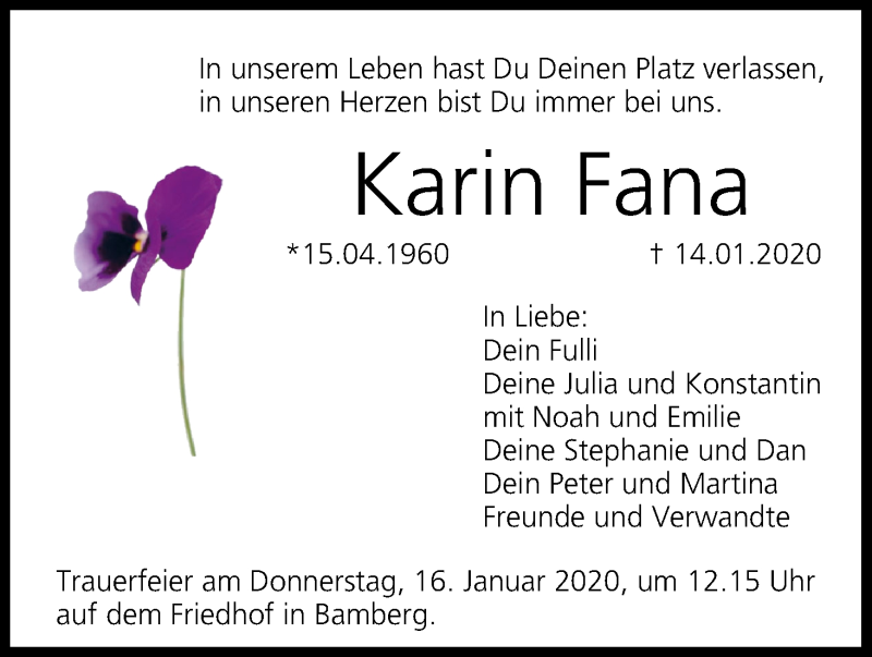  Traueranzeige für Karin Fana vom 15.01.2020 aus MGO