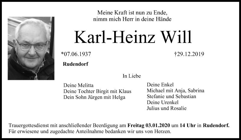  Traueranzeige für Karl-Heinz Will vom 31.12.2019 aus MGO
